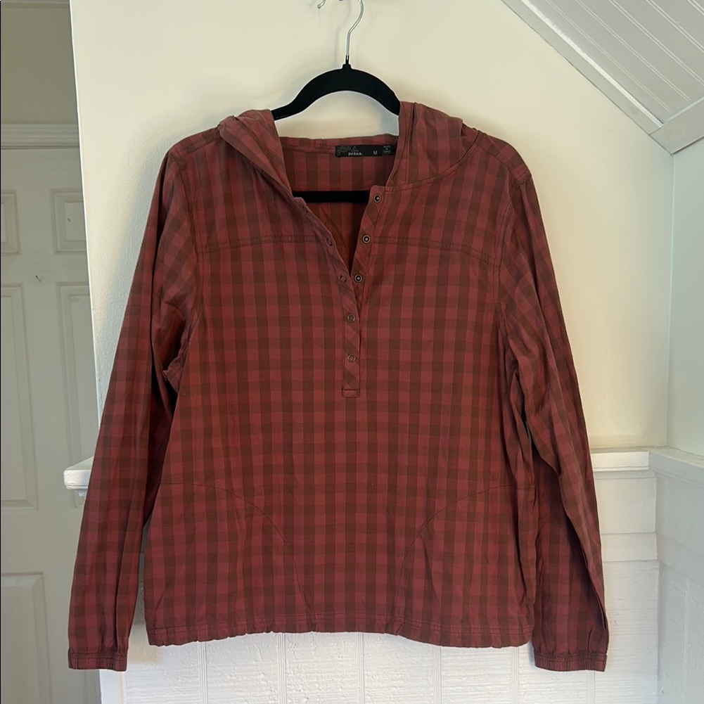 Prana Maroon Plaid Pollino Hooded Top Size Medium